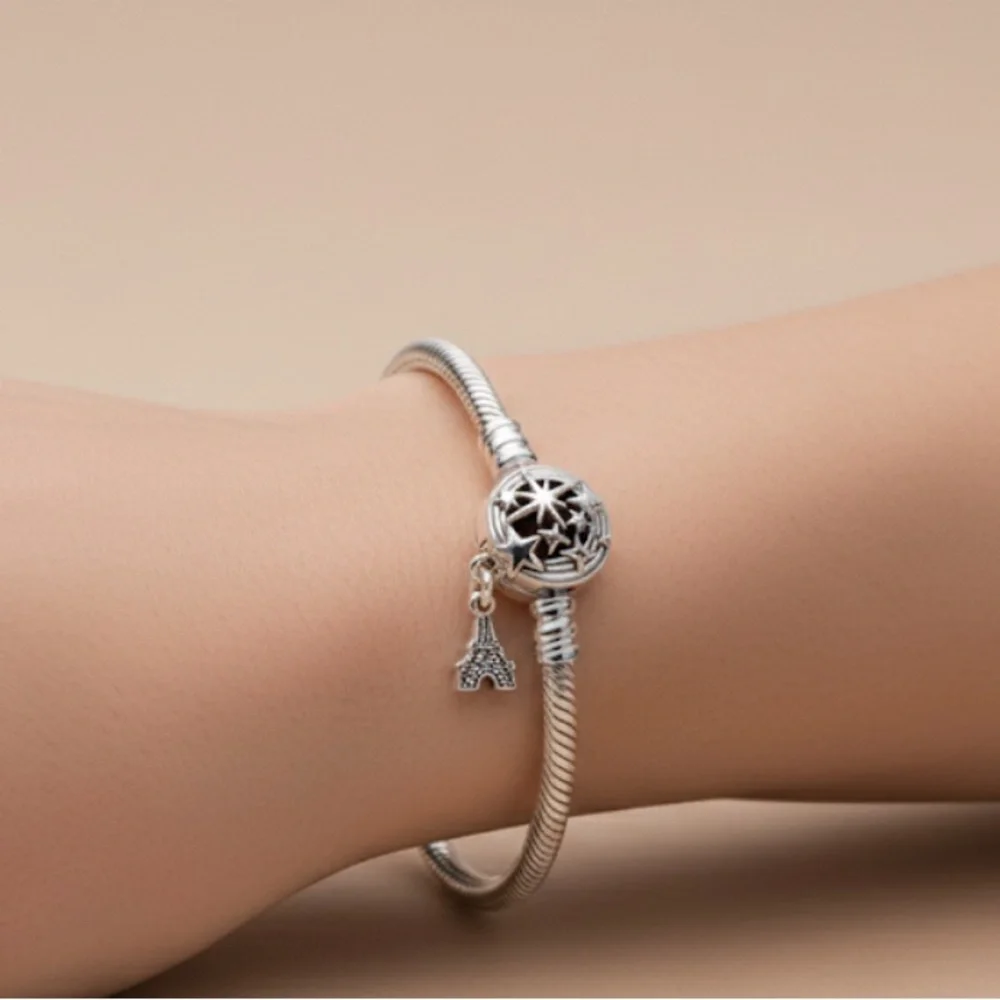 Pandora Style 925 Silver Bracelet With Star and Eiffel Tower Charm